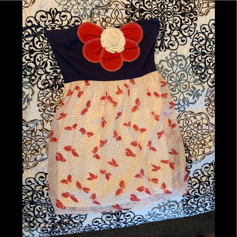 Judith March Navy and Coral Flower Strapless Dress